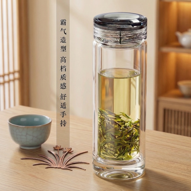 将背景更换为温馨茶室风格：浅米白墙面+暖光木质茶架虚化轮廓+柔和自然光，无多余杂物；精修双层玻璃杯：保持纯净高透明无杂质，杯身通透干净，玻璃质感细腻，光影柔和自然，产品细节清晰，光线通透；保留原银灰色预览效果