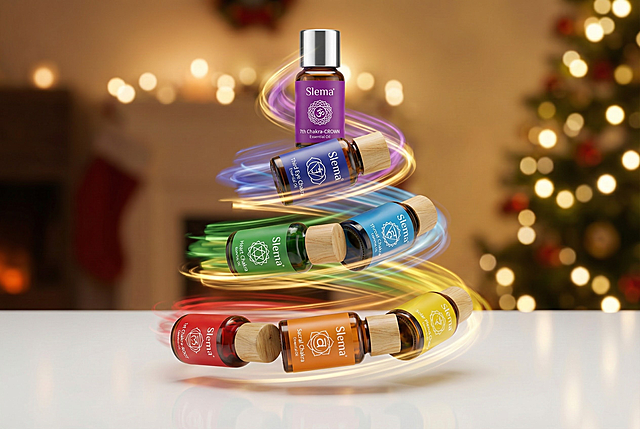 七瓶精油产品堆叠圣诞树的造型，螺旋上升方案:按彩虹色序螺旋向上堆叠:底层3瓶、中层2瓶、上层1瓶，顶部点缀银色瓶盖，营造动态旋转视觉。