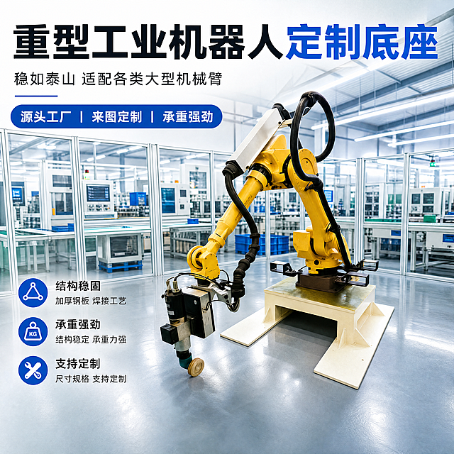 淘宝主图1，主标题“重型工业机器人定制底座”，副标题“稳如泰山 适配各类大型机械臂”，标签“源头工厂 | 来图定制 | 承重强劲”，保留图片中机器人和底座整体展示，现代化工厂背景突出产品，清晰专业工业摄影，体现大型智能制造设备实力感。