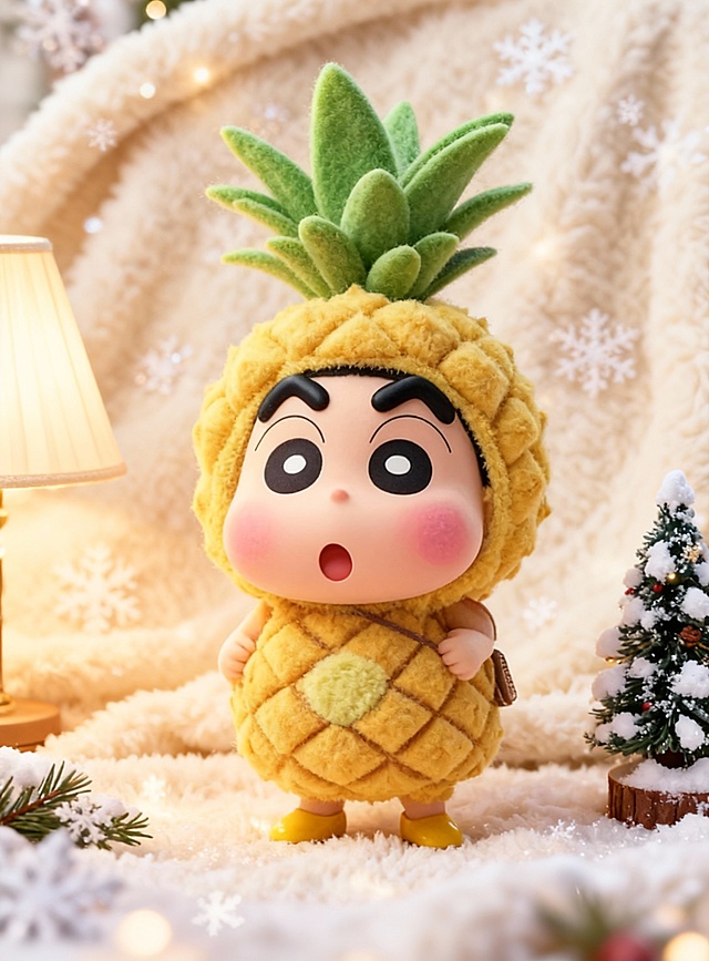 软3D风拟人菠萝娃娃，毛发生长质感面料包裹，萌趣表情充满可爱与温馨，圣诞雪景烘托梦幻节日氛围。