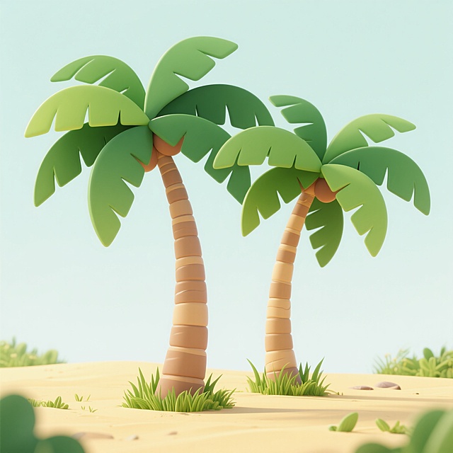 卡通风格插画，两棵椰树，树干呈浅棕色，带有环形纹理，左侧椰树稍高，树干略微弯曲，右侧椰树稍矮，两棵椰树的树冠均为宽大的绿色叶片，叶片边缘有自然的弧度和分叉，呈现出饱满的层次感，树干底部有绿色的草丛和低矮的植被，地面为浅黄色的沙地，整体色彩明快鲜亮，绿色叶片带有轻微的渐变效果，光影柔和，画面简洁清新，充满热带风情，无文字和二维码等元素。