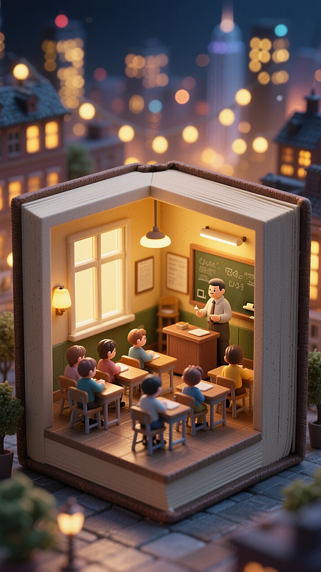 梦幻3D微缩艺术风，书本化身温馨教室，卡通人物沉浸学习，超现实夜景环绕。