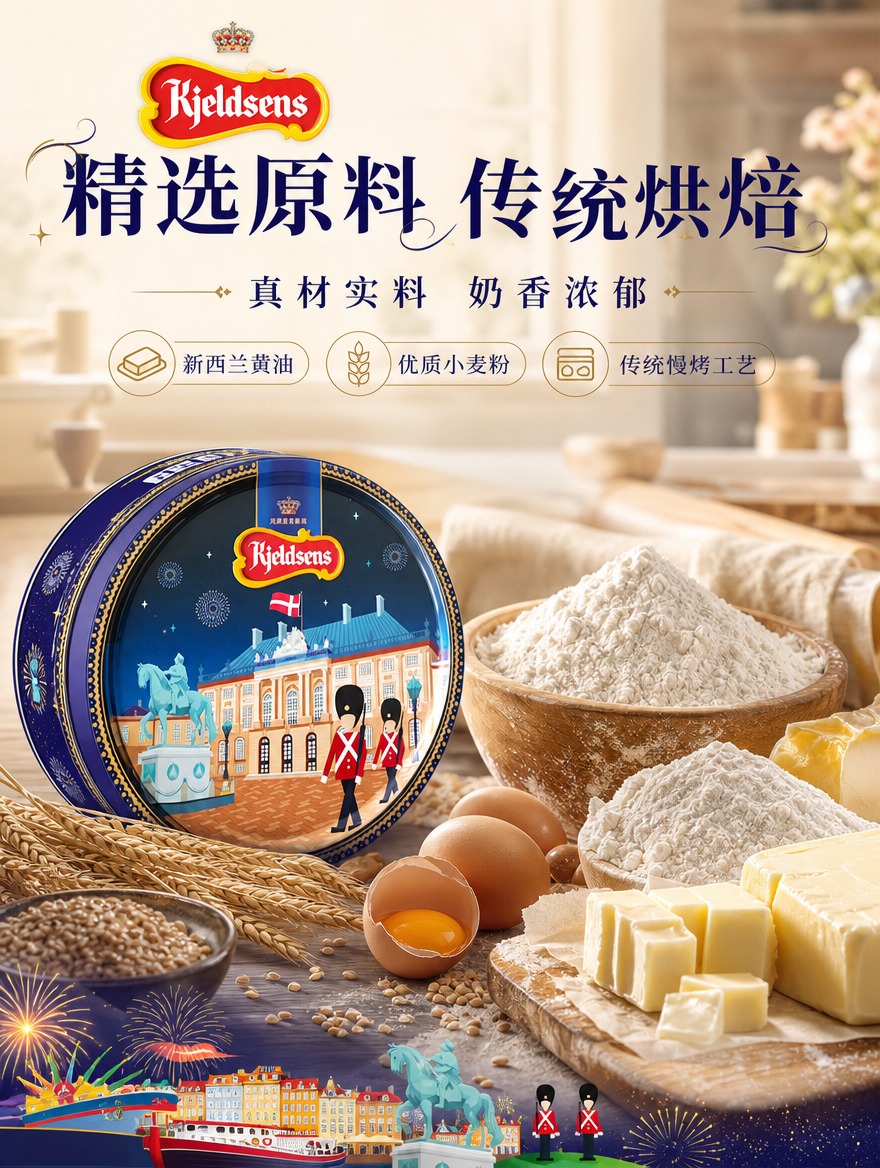 丹麦蓝罐曲奇原料工艺页，左侧新港款铁盒，右侧黄油小麦粉鸡蛋等原… - 图片创意预览