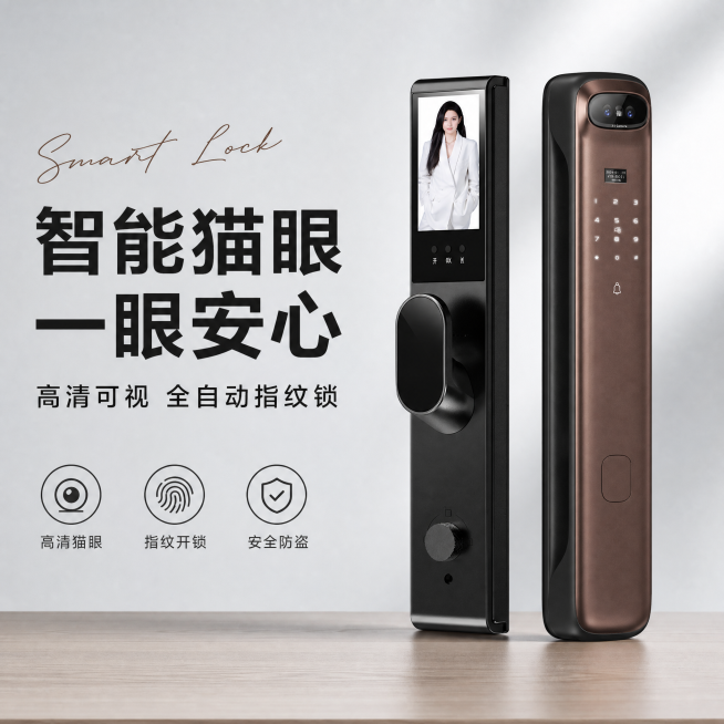[单张主图] 智能可视猫眼指纹密码锁，高级氛围感主图，主打专业安全智能家居产品。
[画面主体] 画面展示智能锁内外双面对比，左侧黑色内面板带高清显示屏，右侧咖啡色外面板带摄像头和密码按键，产品整体居中预览效果