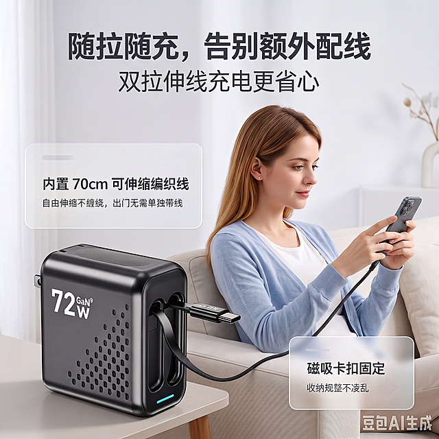 基于参考图修改：1. 人物朝左侧坐着，身体和脸部转向左侧，姿态自然；2. 握住手机的手自然地挡住手机上充电线的接口部分，动作真实自然；3. 左下角的充电器稍微缩小一点，比例协调；4. 画面上方的主标题文字“随拉随充，告别额外配线 双拉伸线充电更省心”稍微放大，更醒目；5. 保留所有文字模块、产品细节、沙发、背景和整体光影质感不变；6. 画面比例保持1:1正方形，真实商业摄影风格，高清细腻