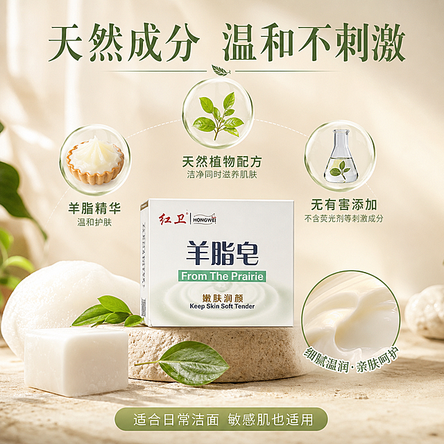 [主图-3] 红卫羊脂皂成分安全性展示。
[氛围风格] 天然安心，品质感
[画质] 商业摄影质感、光线柔和通透、产品清晰真实、画面干净高级
[元素] 对红卫羊脂皂天然成分进行细节展示，主产品红卫羊脂皂包装盒居中，周围展示核心天然成分图标：羊脂精华 温和护肤，天然植物配方，无有害添加，每个成分搭配小气泡图标展示，保持产品外观与原图一致。背景为浅米色渐变，干净高级，局部细节放大展示皂体本身细腻温润质地。
[光影] 柔和侧逆光，突出皂体质感，成分图标区域光线均匀清晰
[配色] 浅米底搭配绿色天然主题色，纯净自然
[视角构图] 中心聚合构图，产品主体+环绕成分展示，层次分明
[文字版式] 顶部大标题：天然成分 温和不刺激；下方每个成分分区展示，图标搭配短句说明，清晰明了，不遮挡主体；底部小字补充：适合日常洁面 敏感肌也适用
[输出要求] 1:1比例，宽度2048px，高度2048px，文字清晰可辨，超高清商业摄影质感
[负向提示词] 变形，文字错乱，产品图模糊，背景杂乱，水印，电商平台Logo，违规极限词