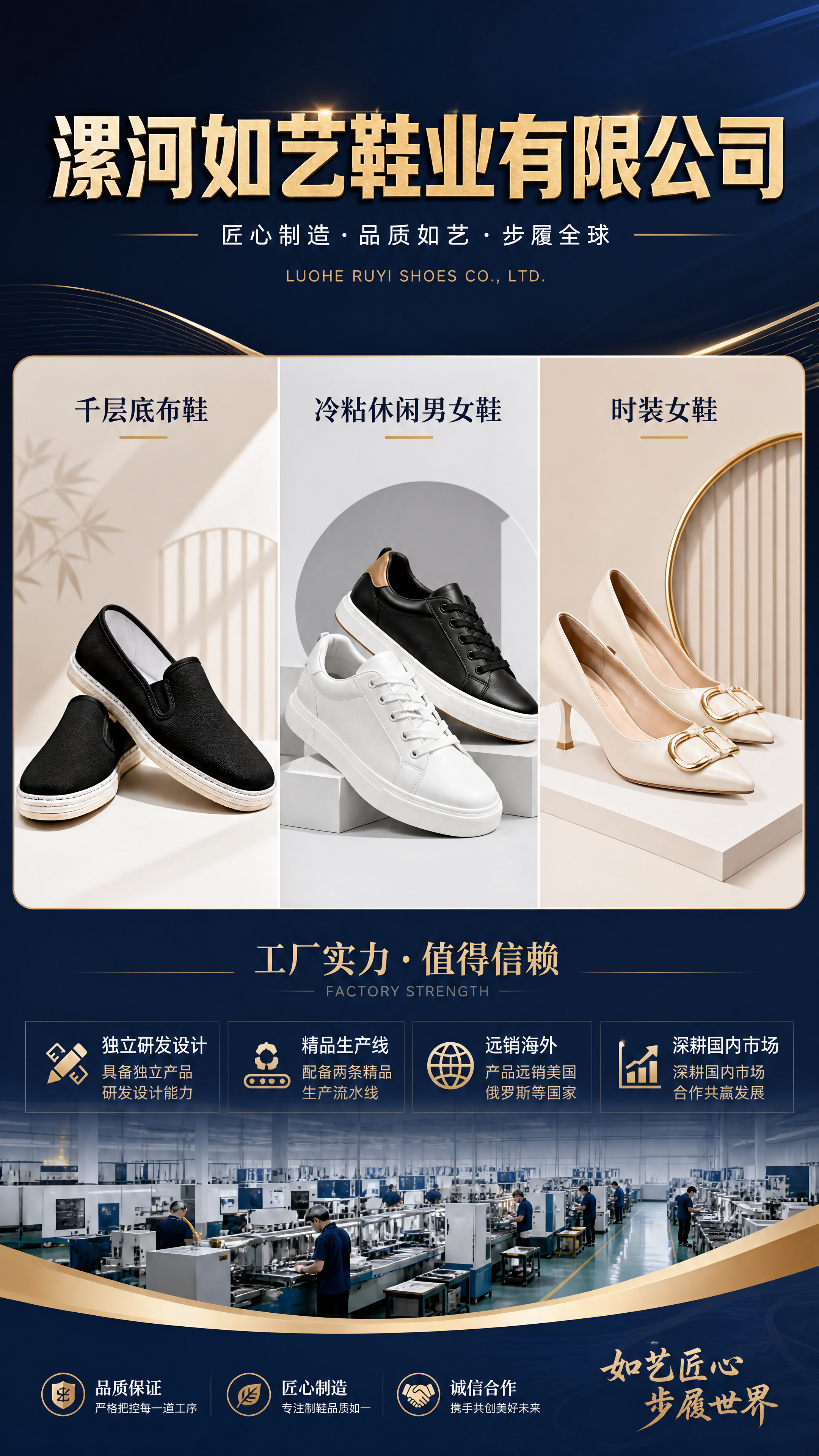 商务风鞋业工厂宣传海报，顶部显示大字标题"漯河如艺鞋业有限公司… - 图片创意预览