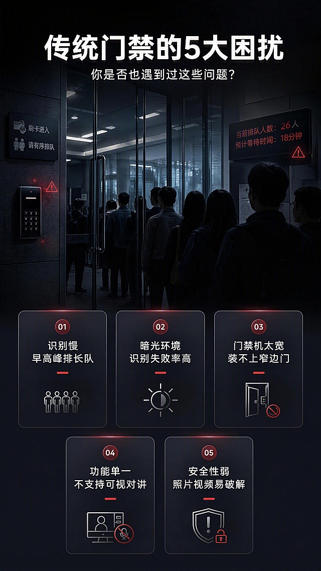 [第2张] 详情页痛点直击-传统门禁5大困扰。本张为痛点场景页，无需垫产品图。
[氛围/风格] 高端科技风，深色背景，专业安防质感，偏严肃理性的痛点表达。
[元素布局] 画面分上下结构，上半部分为暗色办公/园区门禁真实场景合成图（玻璃门、传统刷卡门禁、排队人群剪影），带轻微压抑感；下半部分为5个痛点卡片横向排列成2-3布局，每个卡片配简约线性图标和痛点文案。背景为深灰到黑色渐变，点缀红色警示光点暗示问题。
[光影质感] 整体偏暗调冷光，场景区域有顶光照明，痛点卡片有微弱发光边框突出重点，光影层次分明。
[配色色系] 全局底色 #1A1D23 深灰黑；主色白色文字+银色卡片边框；辅助色暗红色警示点缀、浅灰图标。
[视角构图] 上场景下信息的上下构图，阅读动线从上到下，痛点卡片从左到右依次阅读。
[文字版式] 顶部大标题「传统门禁的5大困扰」，副标题「你是否也遇到过这些问题？」，白色粗体居中；5个痛点卡片分别为：①「识别慢 早高峰排长队」②「暗光环境 识别失败率高」③「门禁机太宽 装不上窄边门」④「功能单一 不支持可视对讲」⑤「安全性弱 照片视频易破解」，每个卡片配对应线性图标，文字清晰可读。
[比例分辨率] 9:16 竖版比例，4K分辨率，文字清晰可辨，高清画质。
[负向提示词] 出现产品图，水印，文字错乱，文字过小，背景杂乱，人物面部清晰可辨，低俗画面。