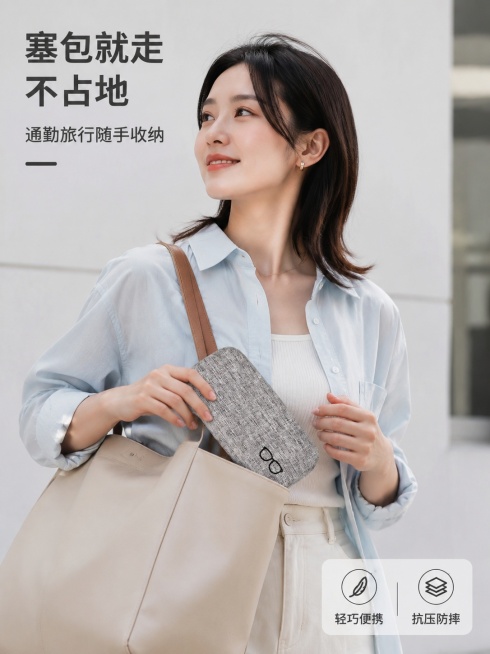 [第5屏] 便携出行场景-真人手持携带展示。本屏使用【图4】（灰色款）作为产品主体。[氛围/风格] 日常生活感，轻松随性，商业摄影质感。[元素布局] 亚洲女性肩线以上半身入镜，右手自然握持灰色眼镜盒置预览效果