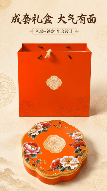 [第3屏] 包装设计整体展示，包含礼袋与异形铁盒。本屏使用【图1】作为商品主体。
[氛围/风格] 整体展示，干净大气，高端礼盒质感。
[元素布局] 画面分为上下两区，上区展示手提礼袋全貌，下区展示花形预览效果