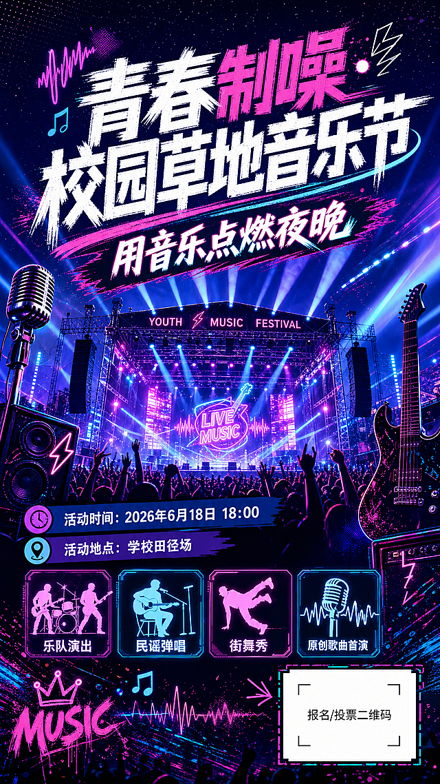 校园音乐节宣传海报，整体风格为潮流炫酷，强烈的夜间舞台氛围，主标题文字为“青春制噪·校园草地音乐节”，醒目位置显示口号“用音乐点燃夜晚”，包含文字信息：“活动时间：2026年6月18日 18:00”“活动地点：学校田径场”，右下角标注文字“报名/投票二维码”作为占位符，包含简洁图标：乐队演出图标、民谣弹唱图标、街舞秀图标、原创歌曲首演图标，视觉元素有舞台聚光灯、音响、吉他、麦克风、霓虹光效、动感线条、观众剪影、草地上的舞台，色调以深蓝、紫、洋红、电光蓝为主，强烈对比光，氛围感强，构图饱满，宣传海报设计，竖版构图