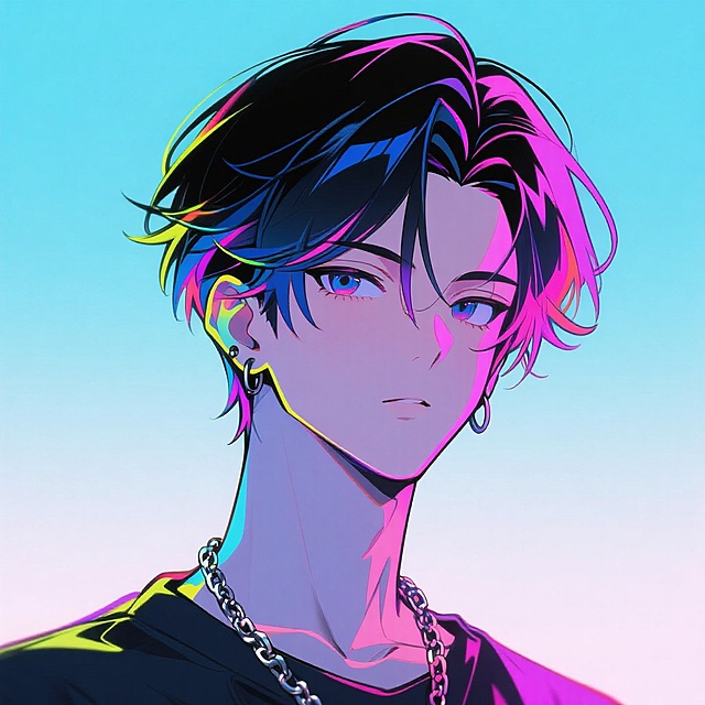 赛博朋克风动漫人物，霓虹光影交织，金属质感链条与炫彩发丝呼应，未来感十足的虚拟现实美学。