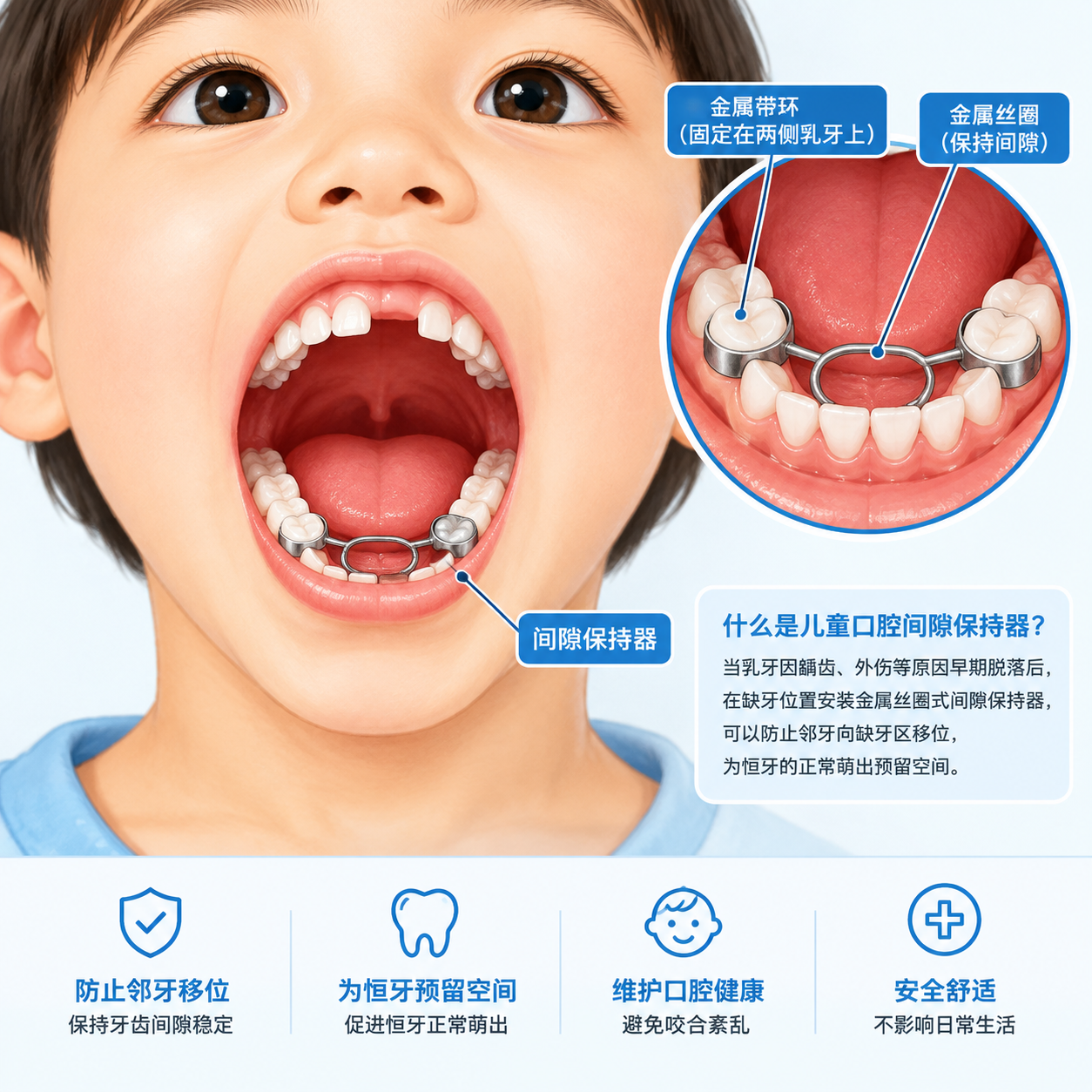 儿童口腔间隙维持医学示意图，参考图中儿童张嘴露牙的口腔视角，展… - 图片创意预览