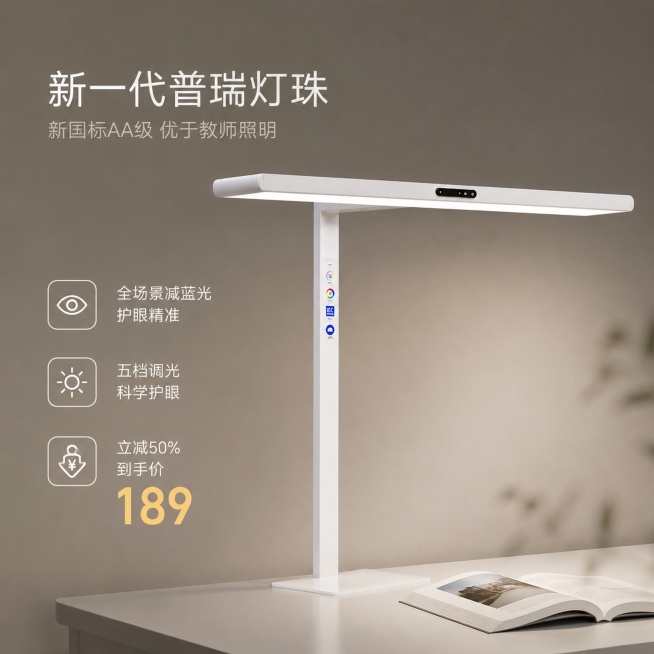 [单张主图] 全新一代普瑞灯珠AA级护眼大路灯，高级氛围感主图，适配高客单定位，打造简约专业高品质的电商主图。
[画面主体] 白色立式大路灯主体放置在画面左侧，保持产品外观物理结构、材质质感、颜色、灯预览效果