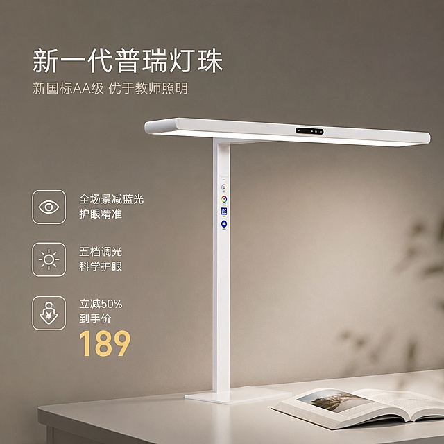 [单张主图] 全新一代普瑞灯珠AA级护眼大路灯，高级氛围感主图，适配高客单定位，打造简约专业高品质的电商主图。
[画面主体] 白色立式大路灯主体放置在画面左侧，保持产品外观物理结构、材质质感、颜色、灯杆标识与输入产品图绝对一致，杜绝任何变形和色差，精细化处理。大路灯放置在浅灰色纯色书桌桌面，开灯展示均匀柔和的自然光效果，整体画面干净通透，突出产品专业品质。主体占比约50%，布局舒朗。
[构图版式] 采用左文右物场景型，右侧保留大面积留白，产品放左侧放大展示，底部用纯色书桌承托，整体高级留白，突出专业质感，符合高客单定位。
[场景元素] 背景为低饱和浅暖灰色墙面，桌面为浅灰色哑光，桌面右侧点缀一本打开的画册，简约不抢主体，营造安静专业的学习办公氛围。左侧留白区域放置主文案，底部三个圆角线稿图标展示核心卖点。
[文案版式] 左上留白区域，主文案：新一代普瑞灯珠，大号细体无衬线；第二行：新国标AA级 优于教师照明，小号浅灰色。三个核心卖点图标从上到下依次为：全场景减蓝光 护眼精准，五档调光 科学护眼，立减50% 到手价 189。价格数字189用大号暖黄色突出，整体文字不遮挡产品主体，保持足够安全边距，排版舒朗高级。
[光影质感] 主光源为柔和自然侧窗光，台灯自身发光在桌面形成均匀柔和的光斑，整体光影通透干净，浅景深虚化背景，突出产品主体，金属材质高光自然真实，桌面反光柔和，整体为高级简约静物摄影质感。
[配色字体] 主色低饱和浅灰，辅助色米白，强调色暖黄色。字体采用细轻无衬线字体，主标题字号最大，卖点文字适中，价格数字最大，整体字重克制，留白充足，简约高级，对比清晰。
[比例分辨率] 1:1 比例，2k 分辨率，文字清晰锐利，画面超高清。
[负向提示词] 改变大路灯外观，变形，文字错乱，产品模糊，背景杂乱，水印，电商平台Logo，错字，糊字，遮挡台灯主体，改变产品颜色结构，添加多余人物
