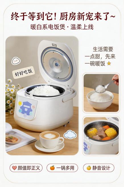 基于这张电饭煲产品图，设计一张电商种草海报，构图为留白加不规则拼贴，主图占70%，主图是45度俯拍的暖白电饭煲，搭配2-3张小的生活场景图拼贴（盛饭、炖汤场景），主图产品清晰，小图营造氛围。主视觉区域预览效果