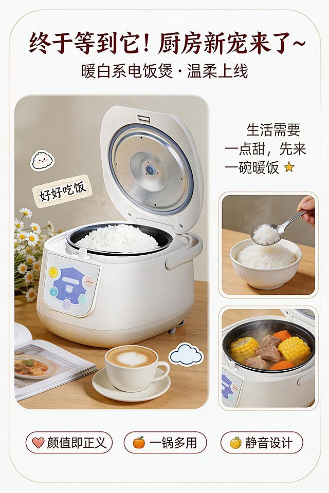 基于这张电饭煲产品图，设计一张电商种草海报，构图为留白加不规则拼贴，主图占70%，主图是45度俯拍的暖白电饭煲，搭配2-3张小的生活场景图拼贴（盛饭、炖汤场景），主图产品清晰，小图营造氛围。主视觉区域放产品图和手写体主标题，留白区放种草文案和表情符号，底部放卖点图标加简短说明。背景使用奶白色，产品为暖白色，主标题为深玫瑰色，种草文案为暖灰色，用粉橘色点缀，整体有温柔少女感。光线为柔和明亮的室内光，略带柔焦效果，搭配干花、杂志、咖啡杯、手写标签、可爱贴纸场景元素，添加轻微胶片感滤镜和圆角边框。文案内容：主标题“终于等到它！厨房新宠来了～”，副标题“暖白系电饭煲 · 温柔上线”，卖点标签“颜值即正义 / 一锅多用 / 静音设计”，种草文案“生活需要一点甜，先来一碗暖饭 ✨”