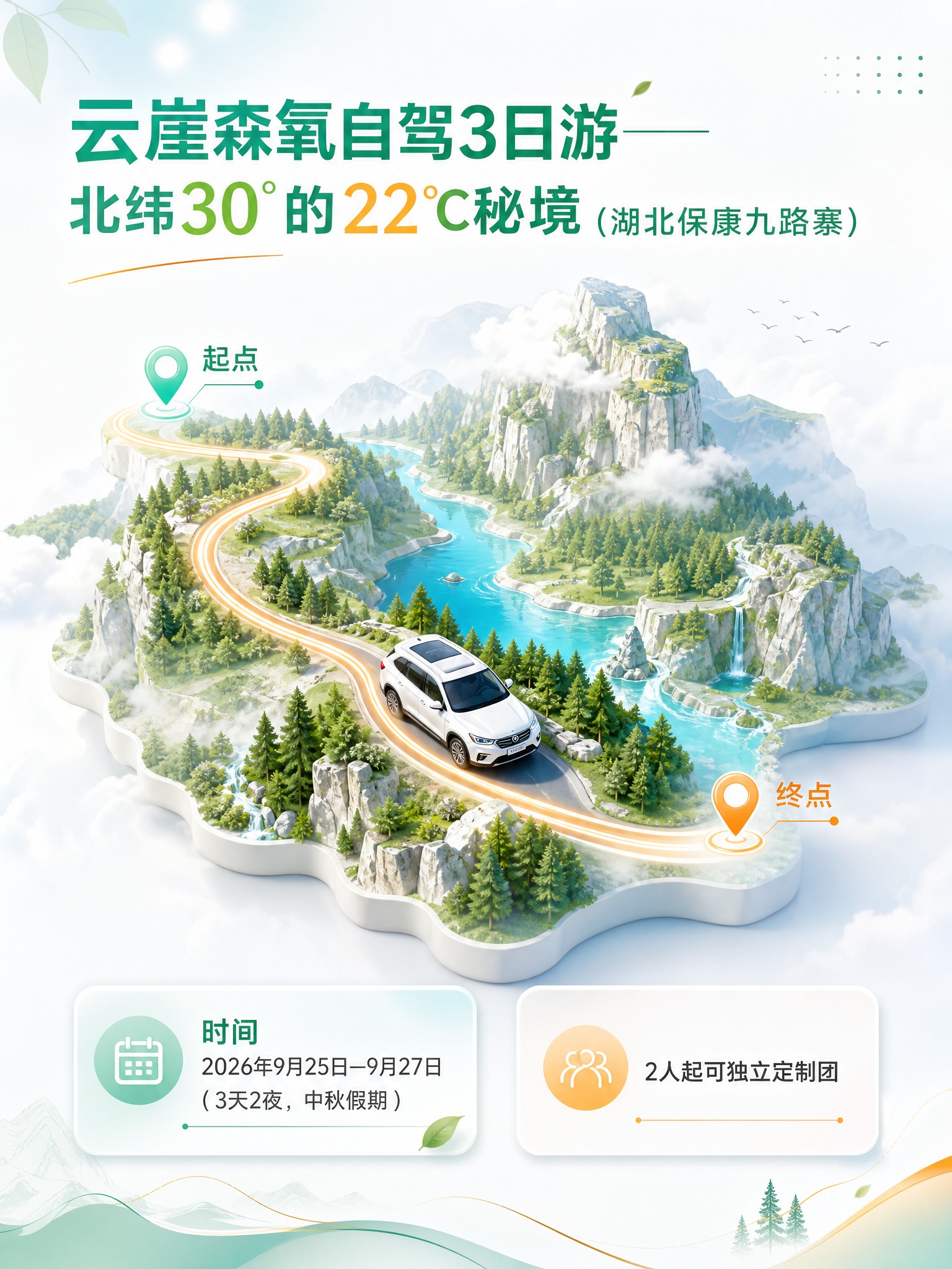 年轻活泼的高级自驾路线产品海报，清透森氧风。珍珠白亮底，主色翡… - 图片创意预览