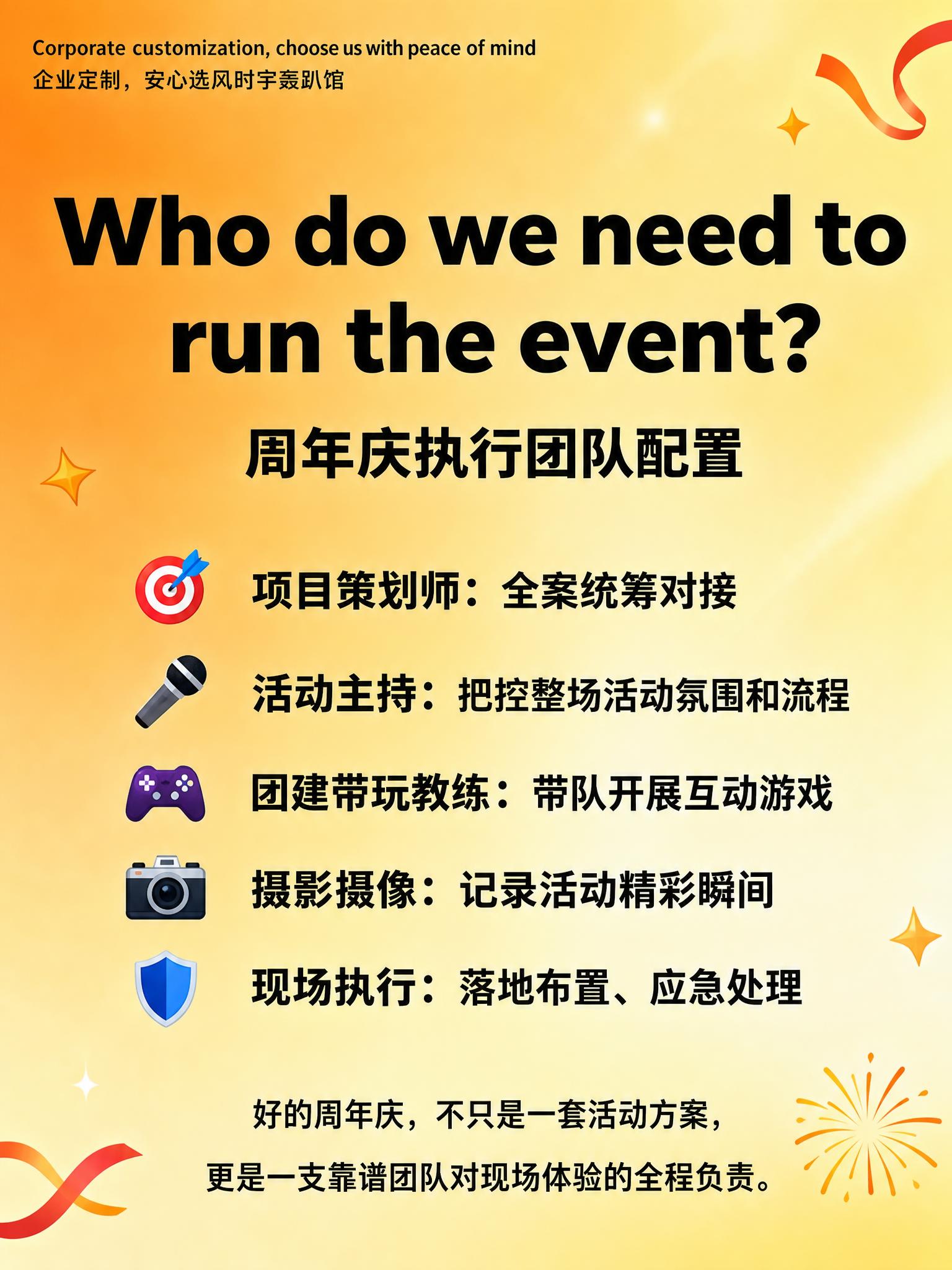 基于参考图的版式骨架和暖橙渐变风格重新设计一张周年庆执行团队配… - 图片创意预览