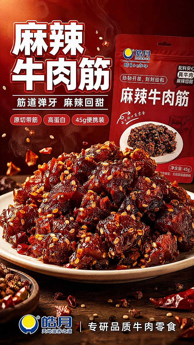 [第1张] 详情页头图-皓月麻辣牛肉筋食欲氛围海报。本张使用【图3】作为商品主体（牛肉粒特写），【图4】作为包装露出。
[氛围/风格] 麻辣鲜香食欲风，红棕暖色调，商业美食摄影质感，高级有冲击力。
[元素布局] 画面中下部为一盘堆起的麻辣牛肉筋，油润光泽、芝麻辣椒颗粒分明，占比约55%；牛肉筋周围飘散辣椒、芝麻、花椒点缀；右上角露出皓月麻辣牛肉筋红色包装袋一角；背景为深红到暗红渐变，带轻微蒸汽升腾效果；底部有木质台面承托。
[光影质感] 左上方45°暖光主照明，右下侧辅光提亮暗部，牛肉筋表面高光油亮，阴影柔和有层次，整体通透有食欲。
[配色色系] 全局底色 #8B0000 深红渐变；主色红棕色；辅助色芝麻金黄、辣椒红、白色文字。
[视角构图] 微俯视45°角，产品为视觉中心，阅读动线左上标题 → 中部产品 → 底部卖点条。
[文字版式] 左上标题区：主标题「麻辣牛肉筋」6字大号粗黑体白色带红描边；副标题「筋道弹牙 麻辣回甜」8字白色圆角黑体；标题下方3个红色胶囊卖点：「原切带筋」「高蛋白」「45g便携装」。底部信息条：皓月品牌logo位 + 「专研品质牛肉零食」白色小字。文字不遮挡主体牛肉筋。
[比例分辨率] 9:16竖版比例，width 1080，height 1920，4K分辨率，文字清晰可辨，高清画质。
[负向提示词] 变形，水印，文字错乱，文字过小，缺件错件，结构错误，颜色偏差，包装文字错乱，产品图模糊，背景杂乱，恶心密集恐惧。