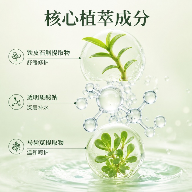 [主图-2] 植物伯爵保湿面膜核心成分解析图；氛围风格：纯净科研感，通透亮调。画质：高清商业渲染，细节清晰精致，画面干净高级。元素：画面居中展示核心成分示意图，以3D形式呈现铁皮石斛植物提取物、透明质预览效果
