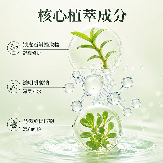 [主图-2] 植物伯爵保湿面膜核心成分解析图；氛围风格：纯净科研感，通透亮调。画质：高清商业渲染，细节清晰精致，画面干净高级。元素：画面居中展示核心成分示意图，以3D形式呈现铁皮石斛植物提取物、透明质酸钠分子球、马齿苋植物提取物三种核心成分，使用细引线标注每个成分对应功效，淡浅绿渐变背景，整体排版简约直观。光影：柔和均匀布光，突出成分结构通透感，无明显硬阴影。配色：浅底深标，浅米白背景，深绿标注文字，绿色植物，透明分子，对比清晰。视角构图：中心对称构图，全视野展示，无裁切。文字版式：顶部大字：核心植萃成分，每个成分旁标注对应功效：铁皮石斛提取物 舒缓修护 透明质酸钠 深层补水 马齿苋提取物 温和呵护，文字清晰排列，左对齐，不遮挡核心元素，易读性强。输出要求：1:1比例，文字清晰可辨，超高清商业渲染质感；负向提示词：变形，文字错乱，背景杂乱，水印，电商平台Logo。