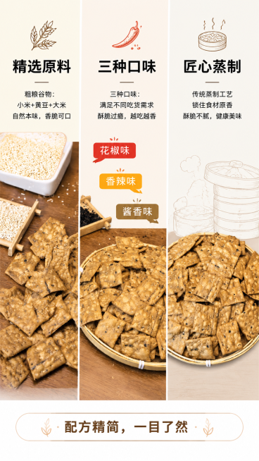 [第2屏] 三大核心卖点聚合页——精选原料 / 三种口味 / 匠心蒸制。[氛围/风格] 信息图表风 + 实拍素材融合 + 手绘标签点缀；干净明亮，模块化分区，商业级清晰度。[元素布局] 三栏等宽布局：预览效果