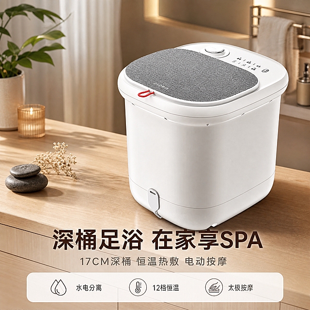 [单张主图] 凯伦诗智能足浴盆 京东电商主图 高级氛围感路线 真实家居浴室场景 品质稳重风格。
[参考比对] 原图为左文右品布局，左侧橙色竖排卖点列表+左上角品牌文字区，产品居右放置在浅灰色瓷砖地面，背景为白色墙面与窗帘，平视偏俯视角度，暖调自然光，信息结构为左侧纵向阅读流。本次需做明显差异化：去掉左上角品牌文字区与左侧橙色卖点竖排栏，构图改为产品居中偏右的沉浸式场景构图，视角改为平视微仰视，场景从浅灰瓷砖地面改为温暖木质浴室台面+暖调卫浴背景，色调从冷白明调改为暖棕低对比柔调，信息结构从左栏纵向改为底部轻量信息条+少量图标卖点，文字内容全部重新组织，不使用原图的橙色胶囊卖点样式。
[画面主体] 产品为凯伦诗白色智能足浴盆，外观与输入产品图完全一致：白色方形圆润桶身，顶部灰色织物面盖带红色隐藏提手环，右上角白色旋钮与触控按键区，正面下方白色绕线盘收线扣，整体材质为哑光白塑料+灰色织物纹理。产品完整不裁切，占画面约50%-55%，位于画面中偏右位置，略微左前侧视角，底部与木质台面自然接触，有真实接触阴影，不悬浮。
[构图版式] 真实使用场景型版式。产品偏右放置为视觉主体，左侧与上方留出自然场景空间，底部放置轻量信息条与3-4个线稿图标卖点，文字占比<30%，符合京东平台规范。整体为沉浸式家居场景构图，非左右分栏，非卖点列表式。
[场景元素] 背景为温暖的现代卫浴空间：浅木色浴室柜台面承托足浴盆，后方为暖米色墙面与半透明白纱帘，右侧隐约可见白色毛巾架与折叠毛巾，左侧有一小盆绿色观叶植物点缀，台面上散落1-2块深灰色鹅卵石与一小束干花作为道具，地面为浅木色地板。整体氛围温暖、舒适、有居家放松感，场景元素不遮挡产品主体。
[文案版式] 画面底部居中放置一条浅白色半透明圆角信息条，信息条内从左到右排列3个线稿图标+短文字：第一个为水滴图标配"水电分离"，第二个为恒温图标配"12档恒温"，第三个为按摩手图标配"太极按摩"。信息条上方居中位置用大号深棕色字体写主标题"深桶足浴 在家享SPA"，主标题下方用小号浅灰色字体写副文案"17CM深桶 恒温热敷 电动按摩"。左上角不放任何品牌文字或Logo，完全去掉原图的品牌区与左侧卖点栏。所有文字清晰可读，不遮挡产品主体。
[光影质感] 自然柔光从左上方斜射而来，类似窗边漫射光，产品左侧受光略亮，右侧有柔和阴影，桶身白色塑料呈现细腻哑光质感，顶部灰色织物有真实编织纹理，台面有柔和的产品投影与环境反光，整体光影柔和自然，无硬边阴影，景深适中，背景轻微虚化突出产品。
[配色字体] 主色调为暖木色+米白色+深棕色，辅助色为浅灰色与少量植物绿色点缀，强调色为深棕文字色。字体为简洁无衬线体，主标题粗体大号，副文案细体小号，图标为细线稿风格，整体克制高级。
[比例分辨率] 1:1正方形比例，2K分辨率，文字清晰可辨，产品细节锐利。
[负向提示词] 禁止左上角出现品牌Logo或品牌文字，禁止左侧橙色竖排卖点栏，禁止产品变形、色差、结构错误，禁止悬浮、穿模、硬边抠图感，禁止水印、错字、糊字、伪Logo，禁止背景杂乱、人物出现、多余手指，禁止京东平台Logo或任何电商平台标识，禁止绝对化用语如"最""第一""顶级"。