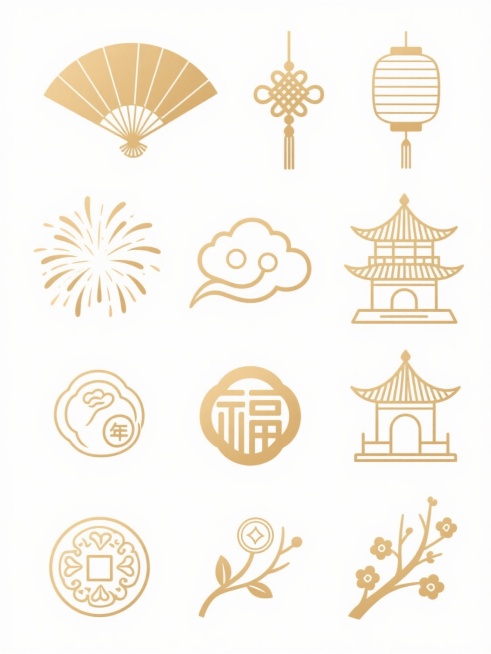 一组中国传统金色线条风格的装饰图案，包含扇形、灯笼、中国结、祥云、烟花、宝塔、古钱币、福字纹和梅花等元素，线条纤细流畅，呈浅金色，图案排列整齐，背景为纯白色，整体呈现简洁典雅的传统中国风设计感。预览效果