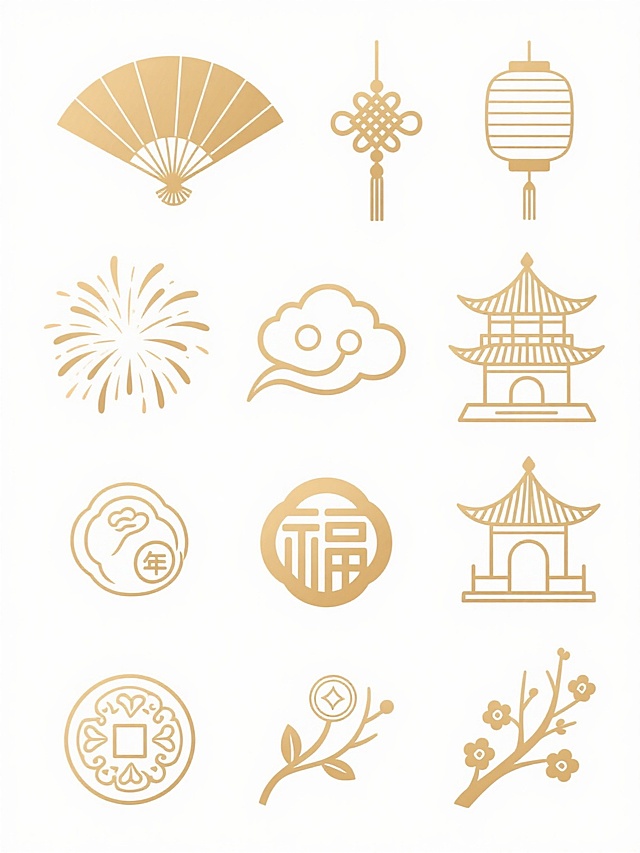 一组中国传统金色线条风格的装饰图案，包含扇形、灯笼、中国结、祥云、烟花、宝塔、古钱币、福字纹和梅花等元素，线条纤细流畅，呈浅金色，图案排列整齐，背景为纯白色，整体呈现简洁典雅的传统中国风设计感。