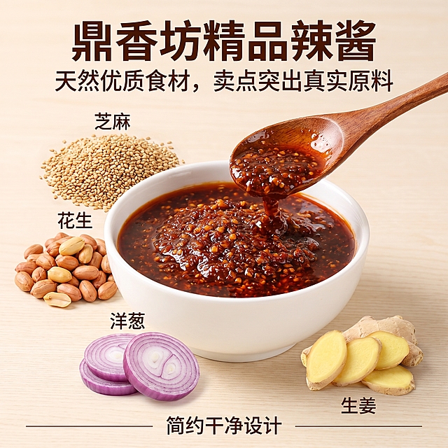 「图片1」，「图片1」「图片1」「图片1」「图片1」「图片1」「图片1」「图片1」「图片1」「图片1」生成一套主图（5张），商品名称是鼎香坊精品辣酱，卖点是整箱更划算，适配拼多多平台，主图比例为1:1
