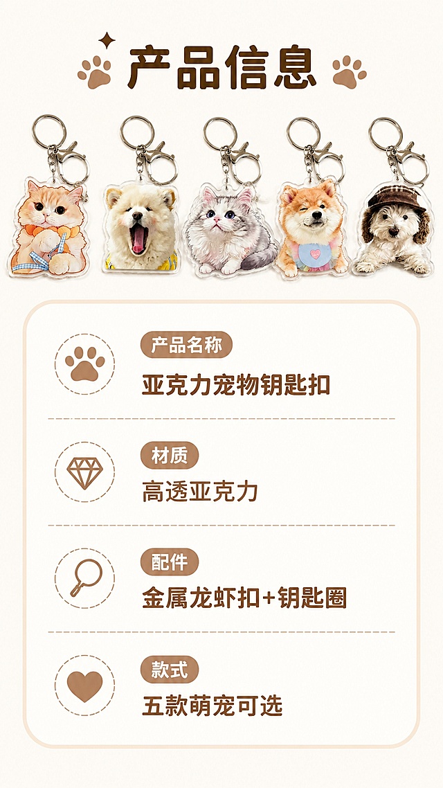 [第8屏] 规格选购-圆角信息卡片展示产品规格。本屏使用【图1】全系列做小图展示。
[氛围/风格] 信息卡片简约萌系风格，干净清晰易读。
[元素布局] 画面顶部放五款钥匙扣缩小合影，占比约30%，下方为圆角信息卡片区域，清晰列出产品名称、材质、配件、款式数量等核心参数，保留产品原有颜色和图案与原图一致；背景为浅暖米色，圆角分割信息区域，排版轻松不拥挤。
[光影质感] 均匀柔光，整体干净明亮，文字信息清晰不模糊，无多余阴影干扰。
[配色色系] 全局底色 #fbf8f2；主色浅棕+米白；信息卡片浅棕色圆角边框，文字深棕色清晰易读。
[视角构图] 上下结构排版，顶部产品，下方信息，居中对齐，阅读动线从上到下。
[文字版式] 顶部主标题「产品信息」，下方分点列出：产品名称 亚克力宠物钥匙扣、材质 高透亚克力、配件 金属龙虾扣+钥匙圈、款式 五款萌宠可选，分点排版，圆润字体，清晰易读，适合手机查看。
[比例分辨率] 9:16竖版比例，2K分辨率，文字清晰可辨，高清画质。
[负向提示词] 产品排列变形，文字模糊，信息错误，排版拥挤，水印