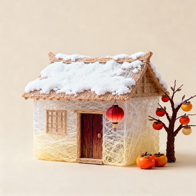 一座中式木屋，挂红灯笼，屋顶有积雪，旁边有柿子树。米色背景