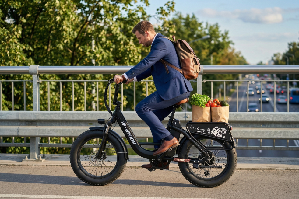 一位穿着西装背着背包的欧美男性弯腰骑着一辆黑色的电动自行车，自行车后车筐里装着纸袋和新鲜蔬果，电动车的比例角度和参考图一致，背景是城市户外场景，一旁是桥边的护栏，护栏后有一些绿树，远处路上还有行驶的车预览效果