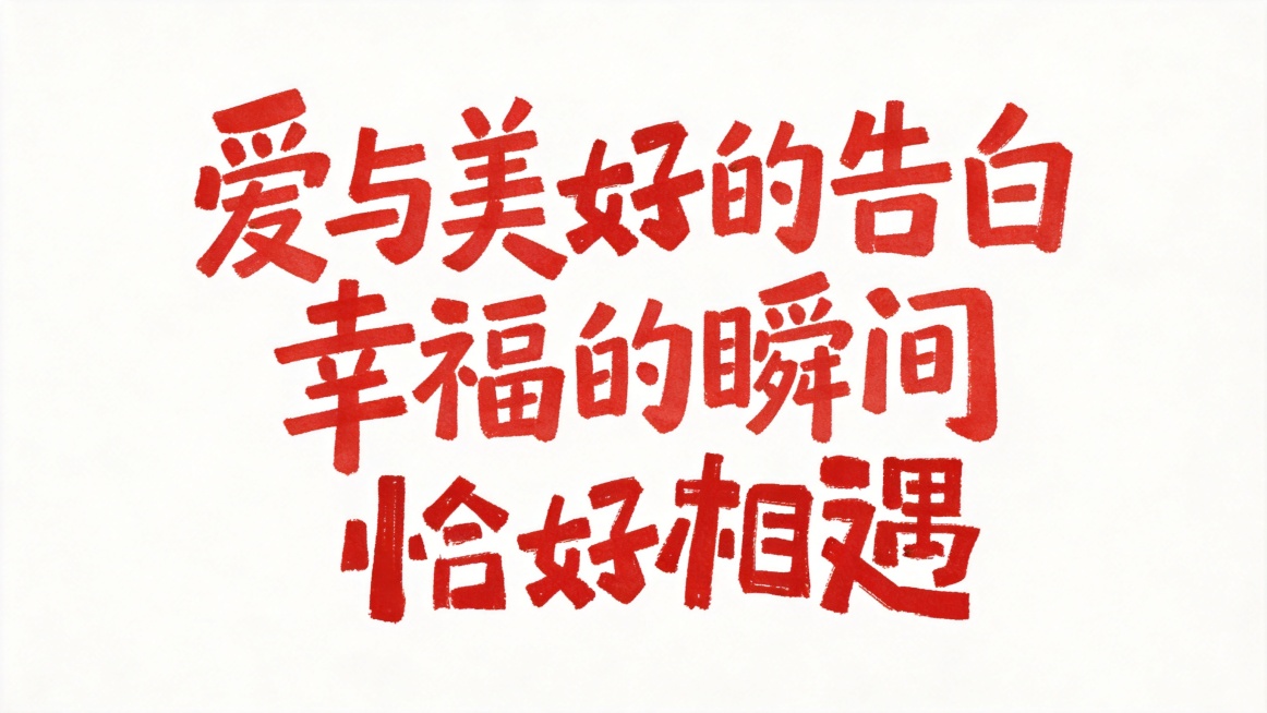白底背景，文字内容为"爱与美好的告白  幸福的瞬间  恰好相遇"，红色水彩手写字体风格，参考上传图片的粗拙毛笔笔触质感，干净简洁背景预览效果