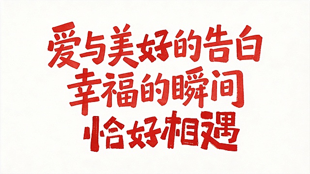 白底背景，文字内容为"爱与美好的告白  幸福的瞬间  恰好相遇"，红色水彩手写字体风格，参考上传图片的粗拙毛笔笔触质感，干净简洁背景