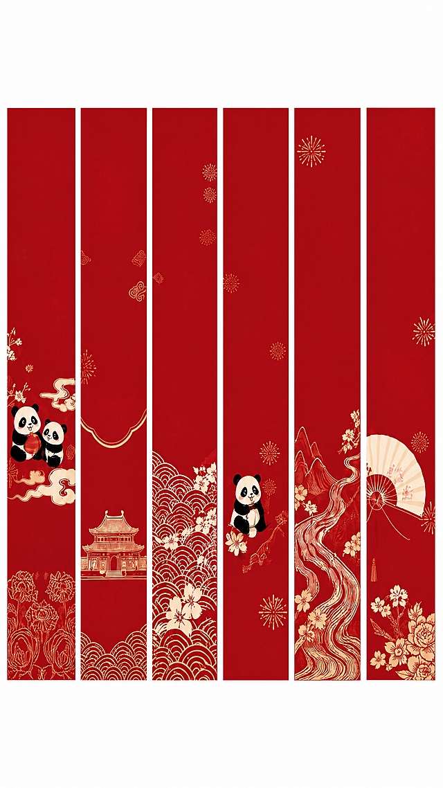 基于参考图，移除六根红色立柱上所有的黑色书法大字和黑色小字（包括万家同乐、国泰民安、盛世同欢、礼赞华夏、山河锦绣、华诞同庆等所有黑色文字，以及旁边的黑色小字），只保留红色背景和所有金色/浅红色的装饰图案元素（熊猫、祥云、古建筑、水波纹、山水纹样、扇子、烟花、花朵、金色文字等），图案保持原样不变，背景为纯白色，画面干净，高清可打印，比例保持1:7。