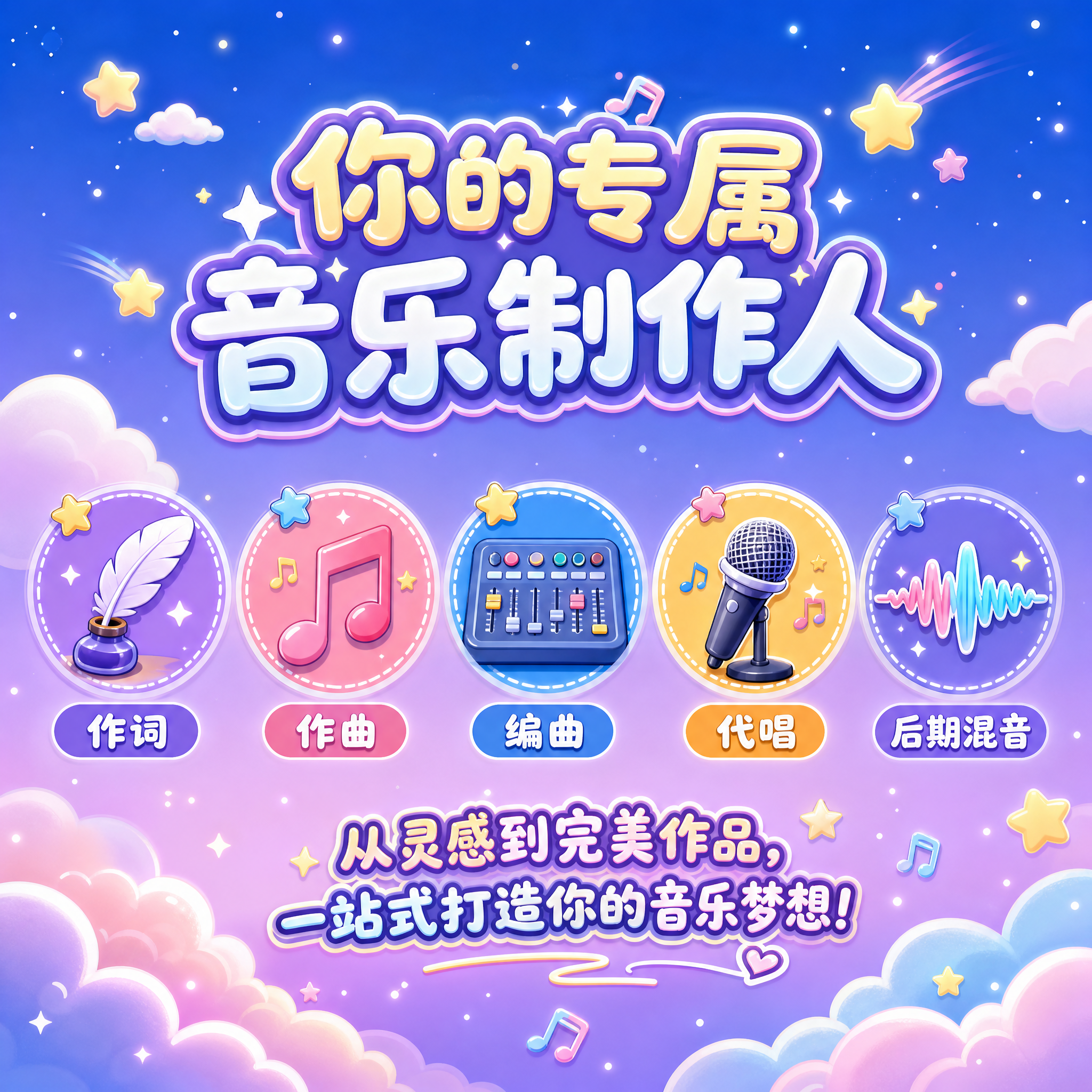 卡通风格音乐服务套餐图，1:1正方形构图，画面采用上下分层布局… - 图片创意预览