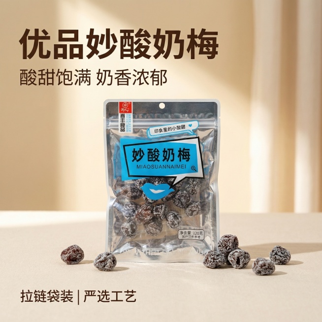 [主图 1] 优品妙酸奶梅商品首图，突出酸甜食欲感。
[氛围/风格] 休闲清新自然实拍风格，自然暖阳逆光，充满食欲感。
[画面元素] 妙酸奶梅袋装产品居中摆放，旁边摆放几颗取出的妙酸奶梅果干，背景为浅预览效果