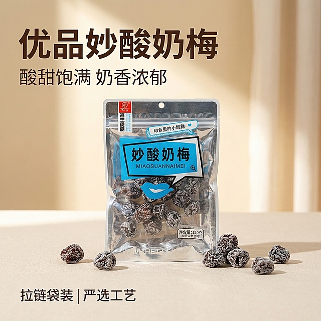 [主图 1] 优品妙酸奶梅商品首图，突出酸甜食欲感。
[氛围/风格] 休闲清新自然实拍风格，自然暖阳逆光，充满食欲感。
[画面元素] 妙酸奶梅袋装产品居中摆放，旁边摆放几颗取出的妙酸奶梅果干，背景为浅米色干净自然场景，柔光自然洒落，保持产品外观与原图完全一致，整体画面干净不杂乱，产品完整居中展示。
[配色色系] 主色调：浅米白，产品蓝黑色调，暖黄色自然光影。
[视角构图] 平视视角，景深适中，产品主体居中。
[文字版式] 左上角大粗体字 "优品妙酸奶梅"，副标题小字 "酸甜饱满 奶香浓郁"，左下角简洁文字标注 "拉链袋装 | 严选工艺"，字体为无衬线体，深色文字与浅色背景形成强烈对比，所有文字悬浮留白区域，不遮挡产品主体，构图平衡舒适。
[比例分辨率] 1:1 比例，2k 分辨率。
保持产品包装外观和文字与原图完全一致。