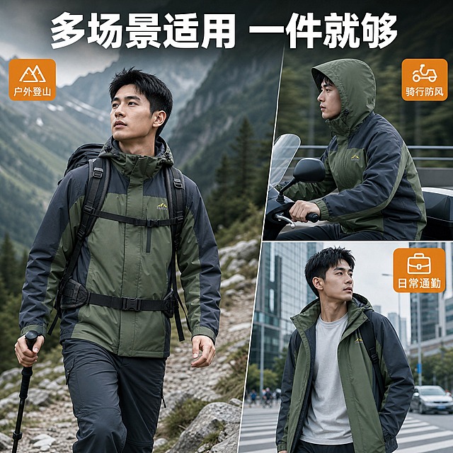 [主图-3] 多场景适用展示图，主题：一件搞定 全场景穿搭。
[统一基调] 高级户外编辑风，自然户外色调，主标题白色粗黑体，辅助文字深灰色，强调色为暖橙色，图标采用简约线性机能风，整体专业品质感。
[画面] 画面采用三宫格布局但非生硬分割，以同一位亚洲男模特的三个不同场景状态融合展示。左侧大区域为主画面：模特身穿同款冲锋衣在山间徒步，背着登山包，走在碎石山路上，背景是山林远山。右上角小区域：模特骑电动车的侧面视角，冲锋衣帽子戴上，展示骑行防风场景。右下角小区域：模特站在城市街道边，冲锋衣敞开穿，展示日常通勤穿搭。三个场景自然过渡，背景色调统一为冷绿灰调。
[光影质感] 商业摄影质感，自然光效，三个场景光影统一协调，衣服在不同场景下都保持真实材质感。
[配色] 整体冷绿灰自然色调，冲锋衣军绿拼深灰，文字白色，场景标签暖橙色底白字。
[文字版式] 画面顶部居中主标题："多场景适用 一件就够"。三个场景分别配小标签："户外登山"、"骑行防风"、"日常通勤"，标签为圆角矩形暖橙色底白字，放在对应场景角落。
[输出要求] 比例1:1，文字清晰可读，产品清晰，同一位模特，无变形，无错字，无水印，无平台Logo。
