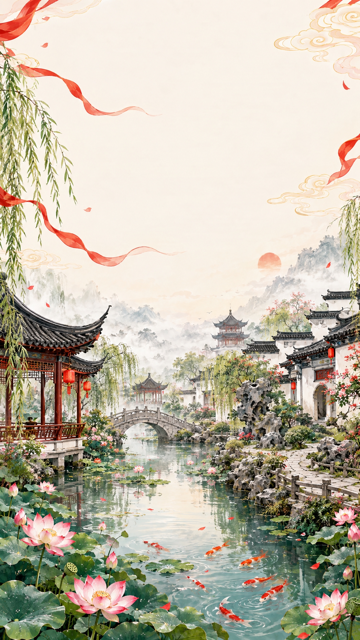 中国风建筑插画底图，江南古典园林，亭台楼阁小桥流水，假山叠石曲… - 图片创意预览