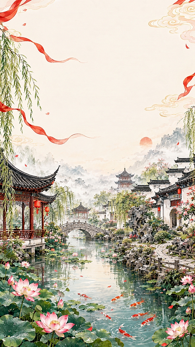 中国风建筑插画底图，江南古典园林，亭台楼阁小桥流水，假山叠石曲径通幽，白墙黑瓦的江南建筑，池塘里荷花盛开锦鲤游动，垂柳依依，烟雨朦胧的江南意境，天空中有飘逸的红色飘带和祥云缭绕，国潮插画风格，画面上方留有大面积空白区域可添加文字，雅致清幽，水墨韵味，喜庆节日氛围，高清细腻