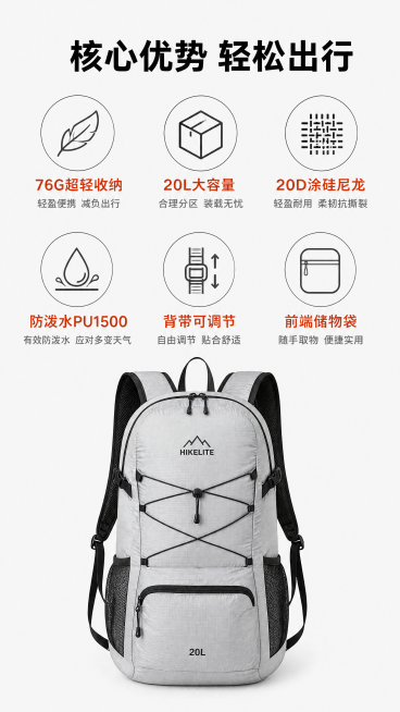 [第2屏] 核心卖点总览，户外登山超轻双肩包核心优势展示，参考图7的图标布局方式。
[氛围/风格] 简约干净信息卡风格，浅灰底色，清晰明快，信息层级分明，商业设计质感。
[元素布局] 页面上方放置大标预览效果