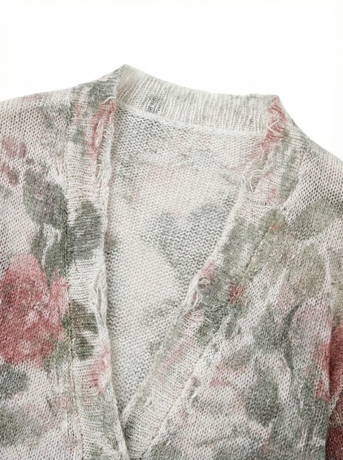 设计一款简约文艺风格的针织开衫无领领口，无领特点为没有相对严格的尺度，造型自由度较大，参考示例图片的花卉针织材质，展示服装领口设计细节，白色背景预览效果