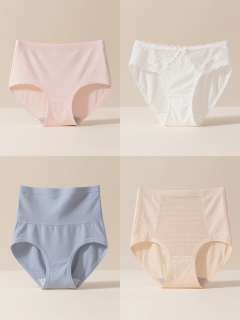 一套4款不同设计的女性内裤产品展示海报，保持简约纯色背景，采用与原图一致的高清晰度摄影风格，柔和均匀的正面打光，细腻展现内裤的柔软棉质面料质感与贴身剪裁。每张内裤主图居中排布，呈现不同设计元素：第一款为浅粉色基础款无痕内裤，第二款为白色蕾丝花边装饰三角裤，第三款为灰蓝色高腰收腹内裤，第四款为肤色透气网眼拼接内裤。整体采用2x2网格规整布局，保持统一的视觉层级与信息传达效率，突出产品细节与材质特……预览效果