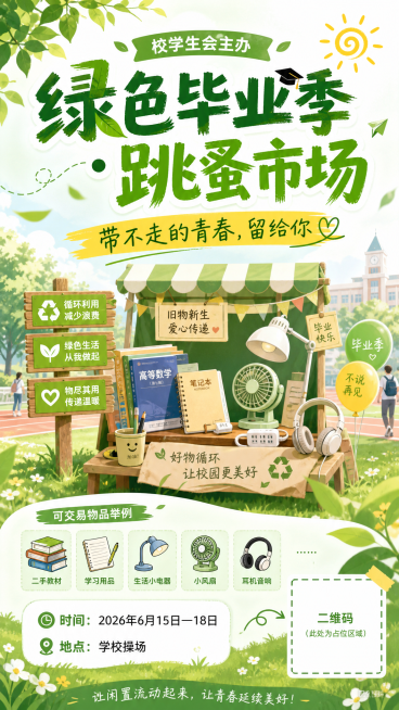 清新活泼风格的校园环保活动宣传海报，为校学生会主办“绿色毕业季·跳蚤市场”活动设计，整体色调清新自然绿色为主，包含活动主题文字“绿色毕业季·跳蚤市场”，活动口号“带不走的青春，留给你”，活动信息文字“预览效果