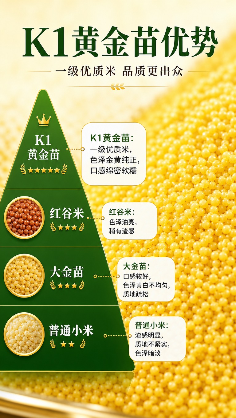 [商品] 使用【图5】K1黄金苗小米颗粒特写图；保留小米金黄色… - 图片创意预览