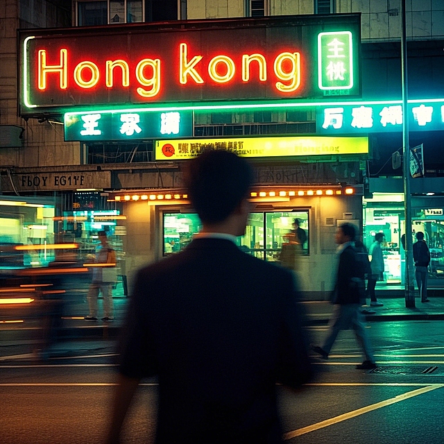 现代感十足的city pop风，霓虹灯闪烁，夜景繁华，行人匆匆。