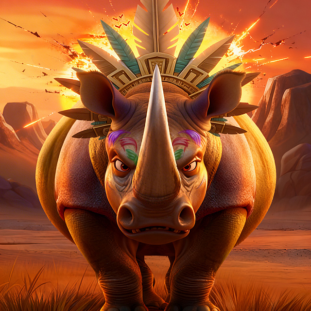 将画面转换为皮克斯风格，强化犀牛凶猛神态，保留带装饰花纹的头饰，添加落日炸裂光效
